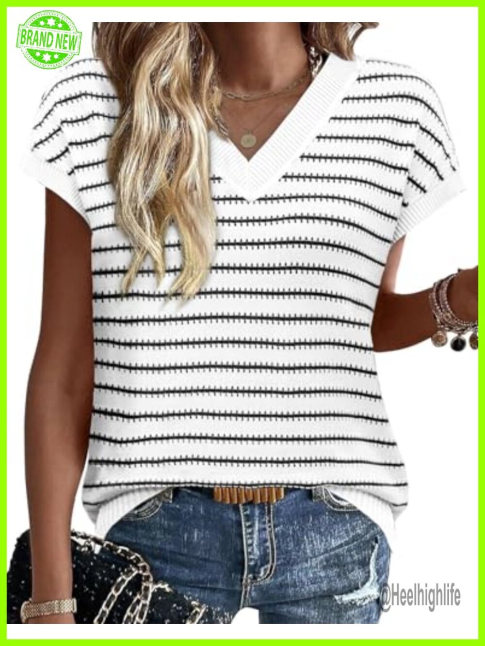 Womens Short Sleeve Sweater V Neck Striped Pullover Lightweight Knit